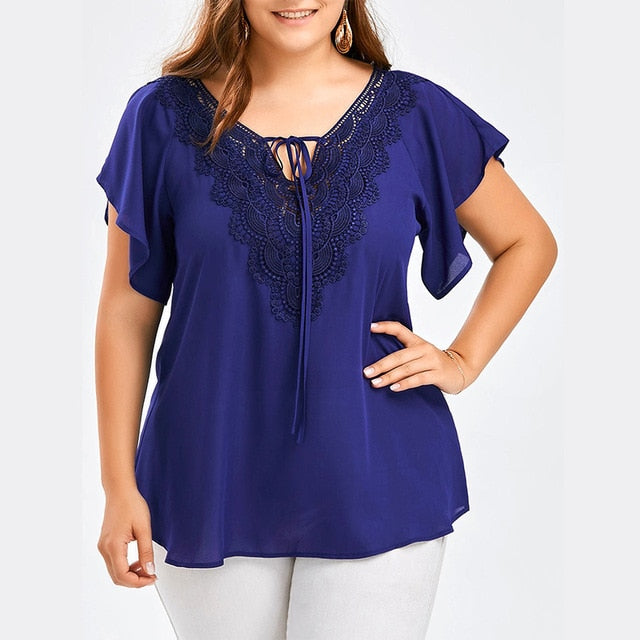 Plegie Plus Size Lace Patchwork Shirt Womens Tops And Blouses Short Sleeve Big Size Blusas Femininas Blusas Mujer De Moda