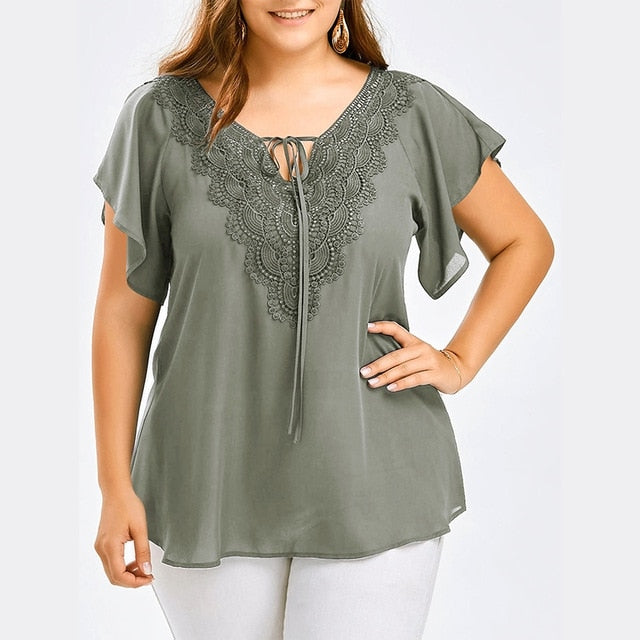 Plegie Plus Size Lace Patchwork Shirt Womens Tops And Blouses Short Sleeve Big Size Blusas Femininas Blusas Mujer De Moda