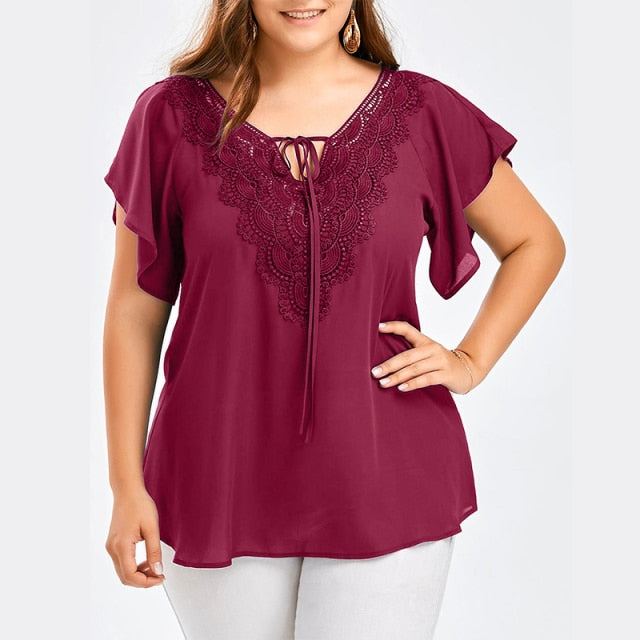 Plegie Plus Size Lace Patchwork Shirt Womens Tops And Blouses Short Sleeve Big Size Blusas Femininas Blusas Mujer De Moda