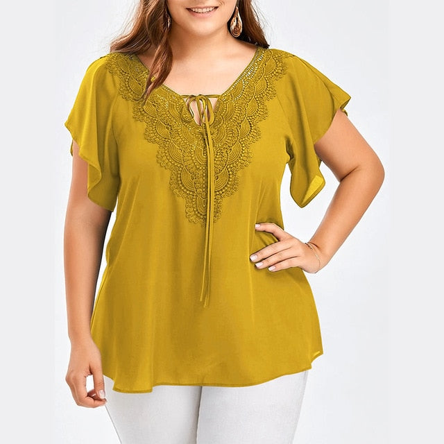Plegie Plus Size Lace Patchwork Shirt Womens Tops And Blouses Short Sleeve Big Size Blusas Femininas Blusas Mujer De Moda