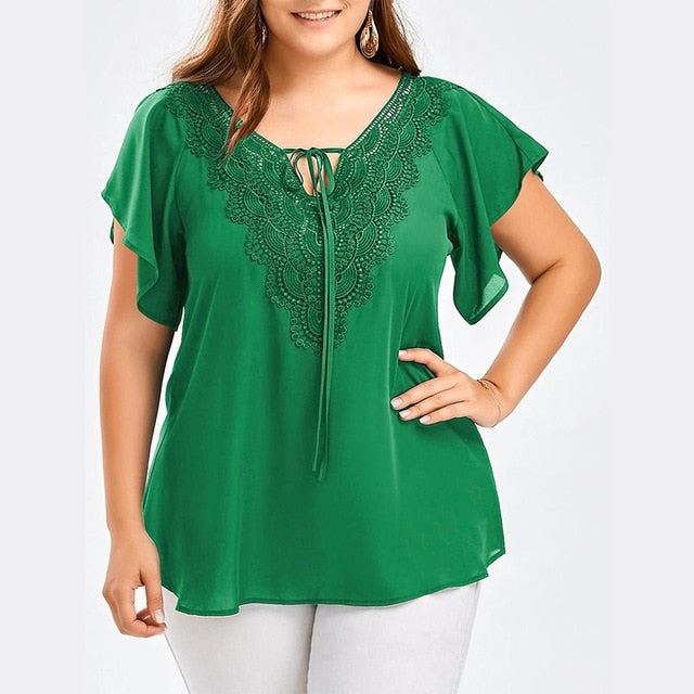 Plegie Plus Size Lace Patchwork Shirt Womens Tops And Blouses Short Sleeve Big Size Blusas Femininas Blusas Mujer De Moda