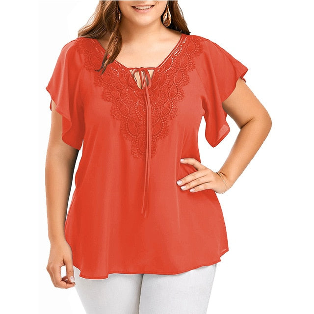Plegie Plus Size Lace Patchwork Shirt Womens Tops And Blouses Short Sleeve Big Size Blusas Femininas Blusas Mujer De Moda