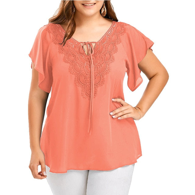Plegie Plus Size Lace Patchwork Shirt Womens Tops And Blouses Short Sleeve Big Size Blusas Femininas Blusas Mujer De Moda