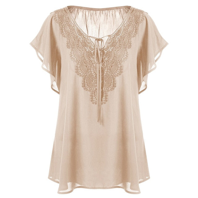 Plegie Plus Size Lace Patchwork Shirt Womens Tops And Blouses Short Sleeve Big Size Blusas Femininas Blusas Mujer De Moda
