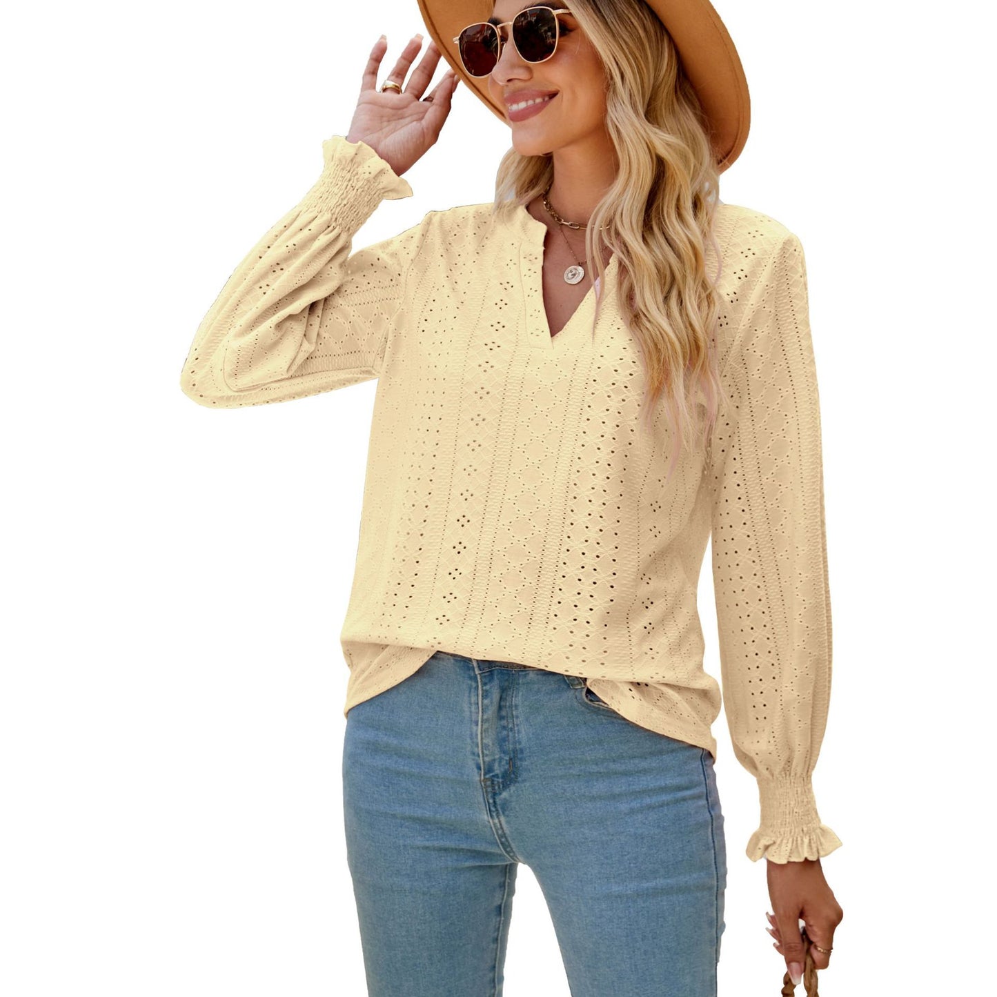 Solid Color Hollow-out Pleated Ruffle Shirts Sleeve V-neck