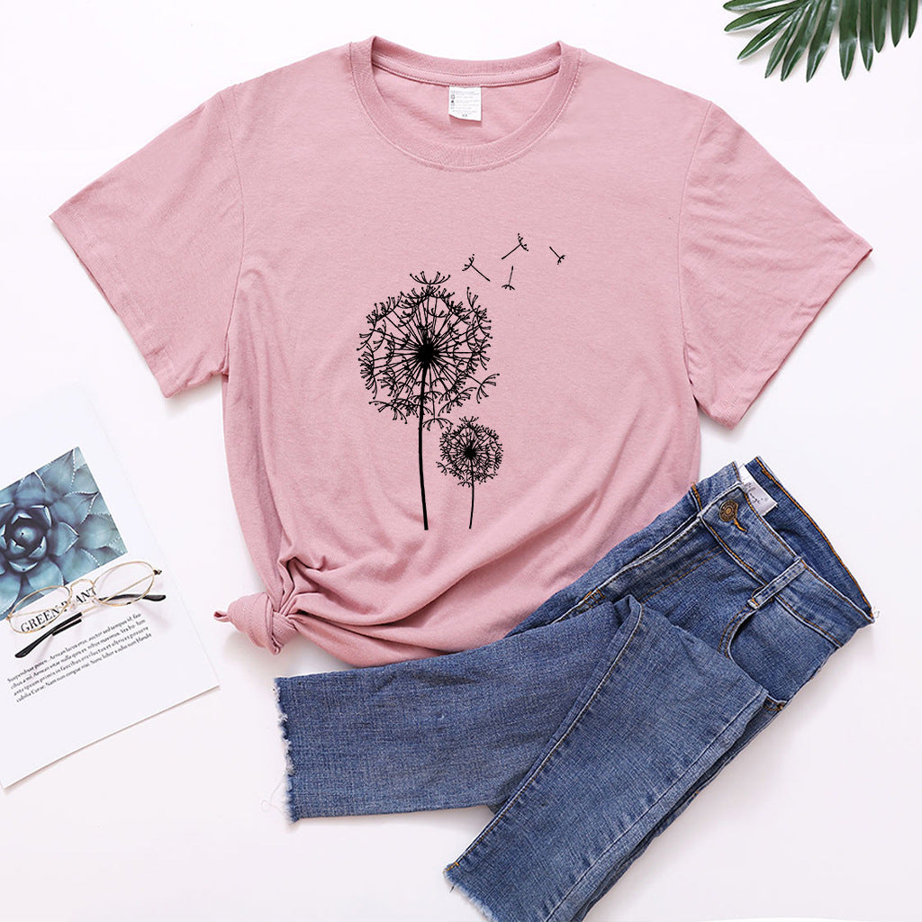 Dandelion Print Mid Length Short Sleeve T-Shirt