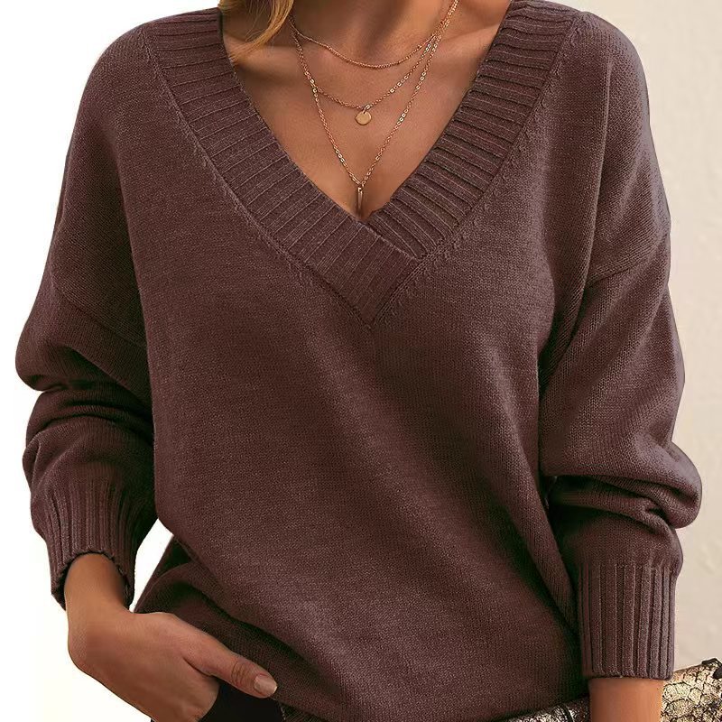 Solid V-neck Sweater Fashion Loose Long-sleeved Knitted