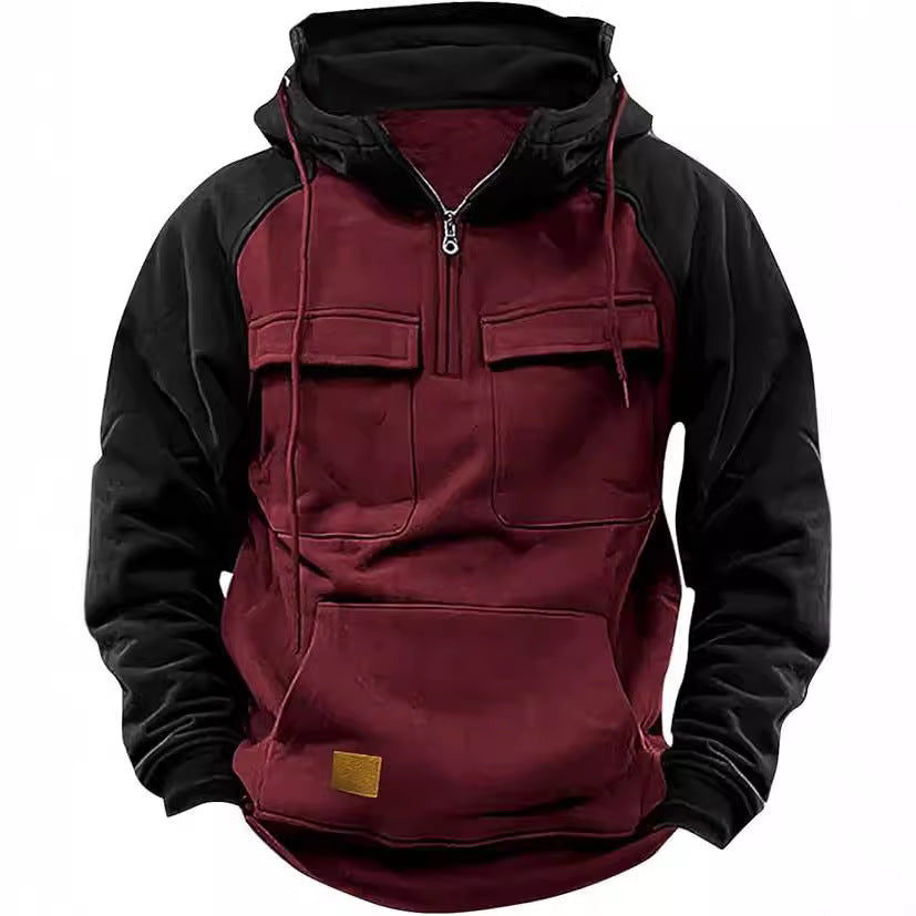 Fall Winter Retro Cargo Hoodies Men's Half Zipper Hooded