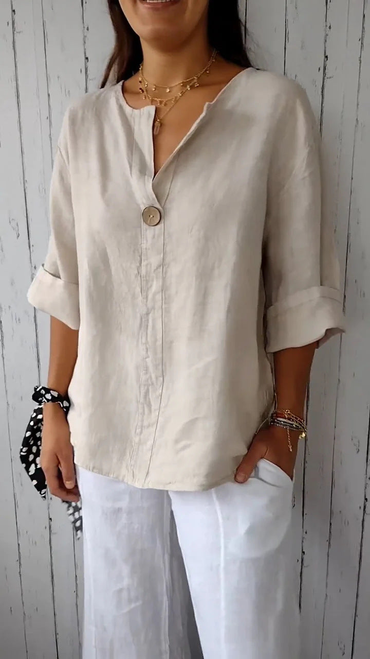V-neck Long-sleeved T-shirt Fashion Loose Cotton And Linen