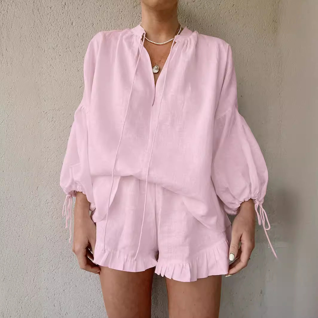Lace-up Suits Loose V-neck Lantern Sleeve Top And Ruffles