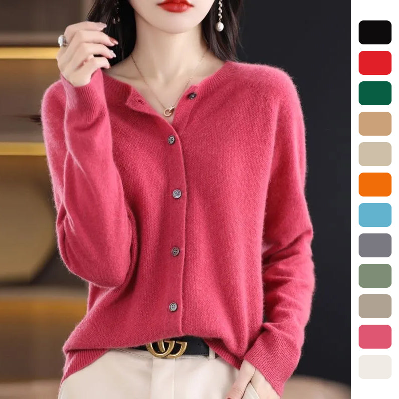 Fashion Merino Wool Cardigan Sweater Women O-Neck