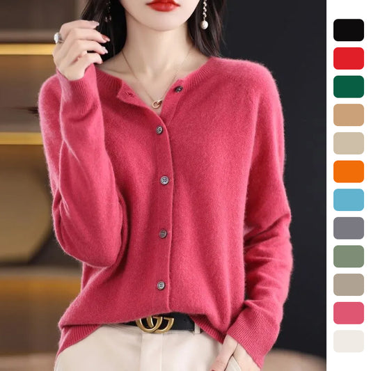 Fashion Merino Wool Cardigan Sweater Women O-Neck