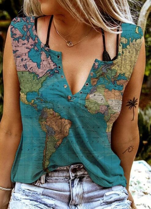 Map Print V-Neck Short-Sleeved T-Shirt