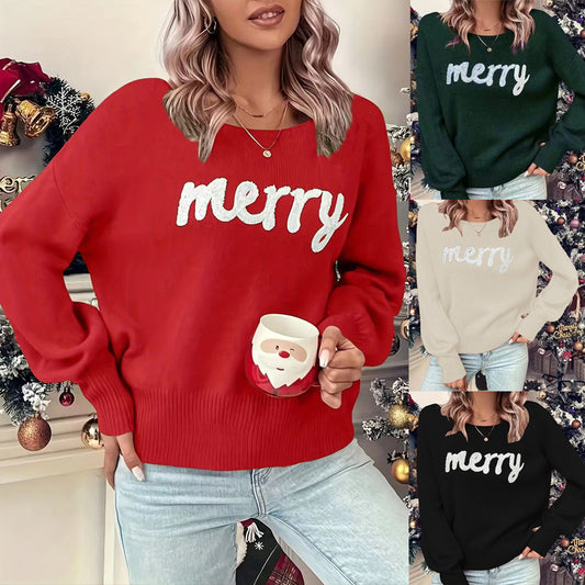 Knitted Women Crew Neck Sweater Loose Pullover