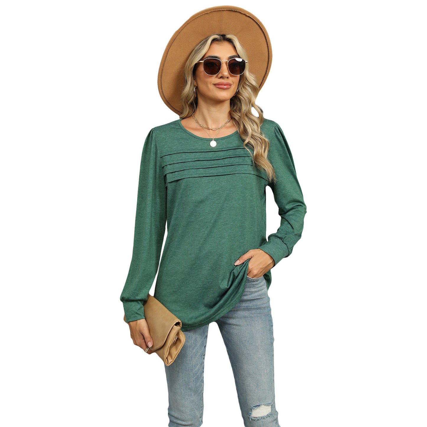 Solid Color U-neck Pleated Long-sleeved Top
