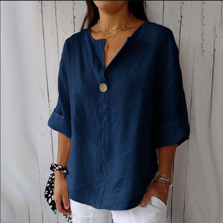 V-neck Long-sleeved T-shirt Fashion Loose Cotton And Linen