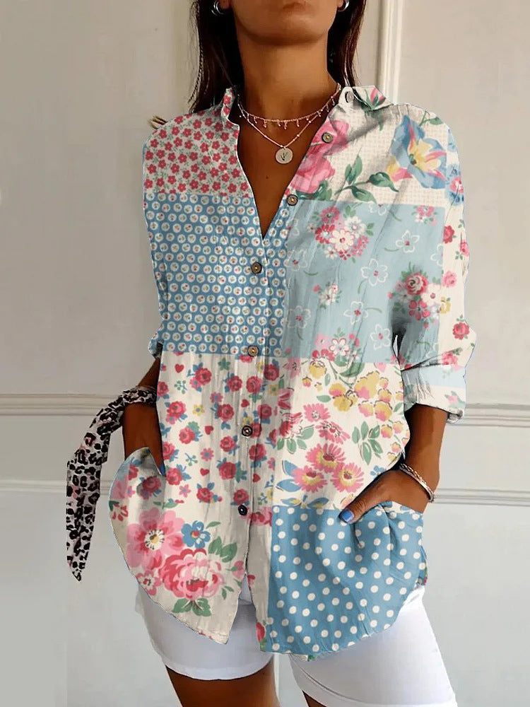 Flowers Print Long Sleeve Shirt Fashion Stand Collar