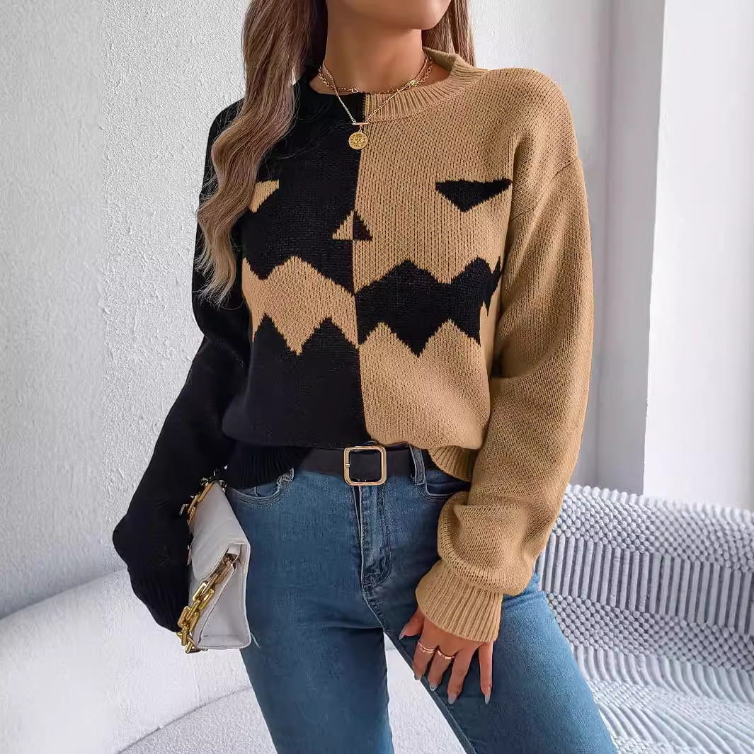 Halloween Contrast-color Pullover Sweater Fashion Long Sleeve
