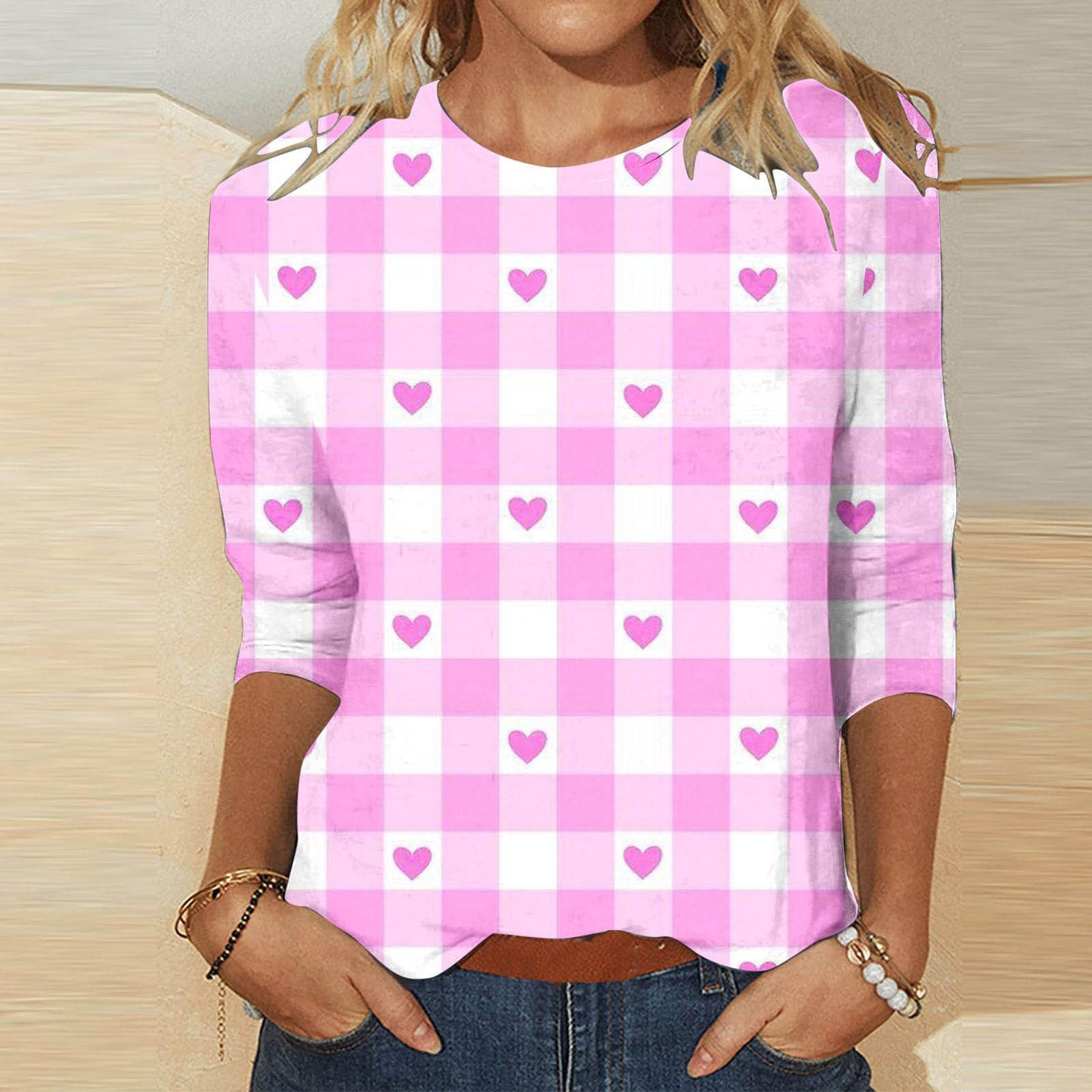 Valentine's Day Female With Hearts Printing Crew Neck T-shirt Top