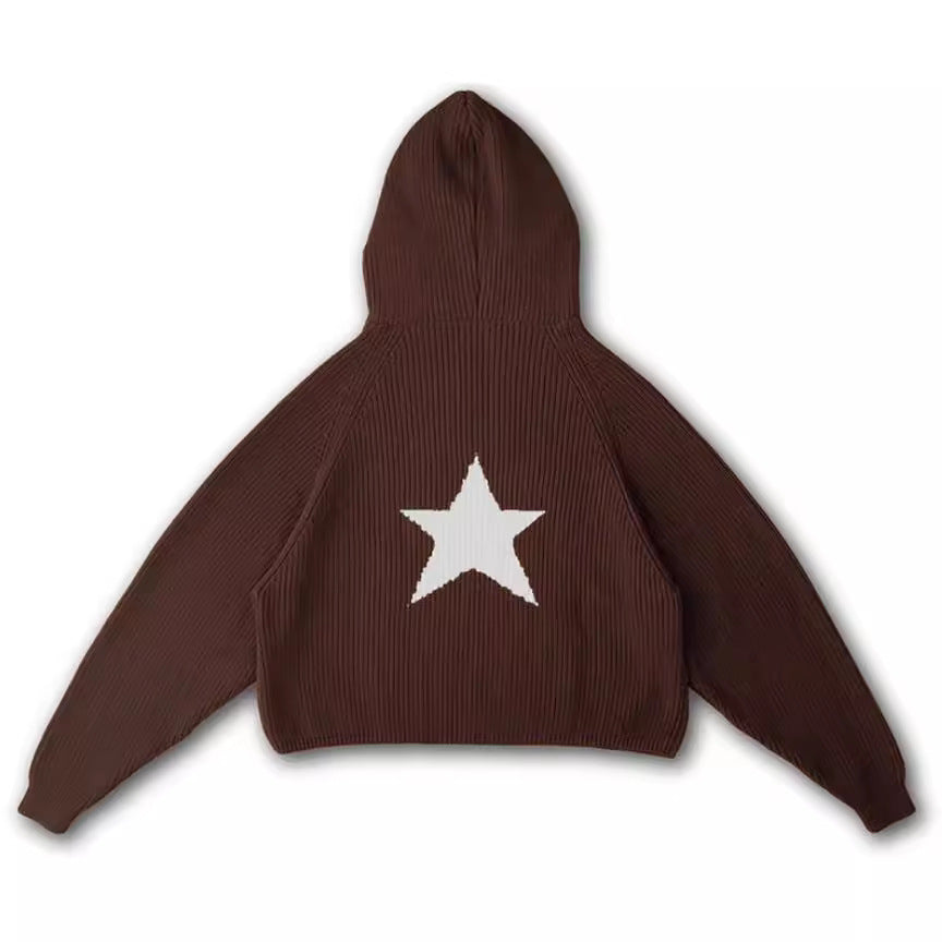 Female Star Sunken Stripe Men's Knitted Hooded Sweater