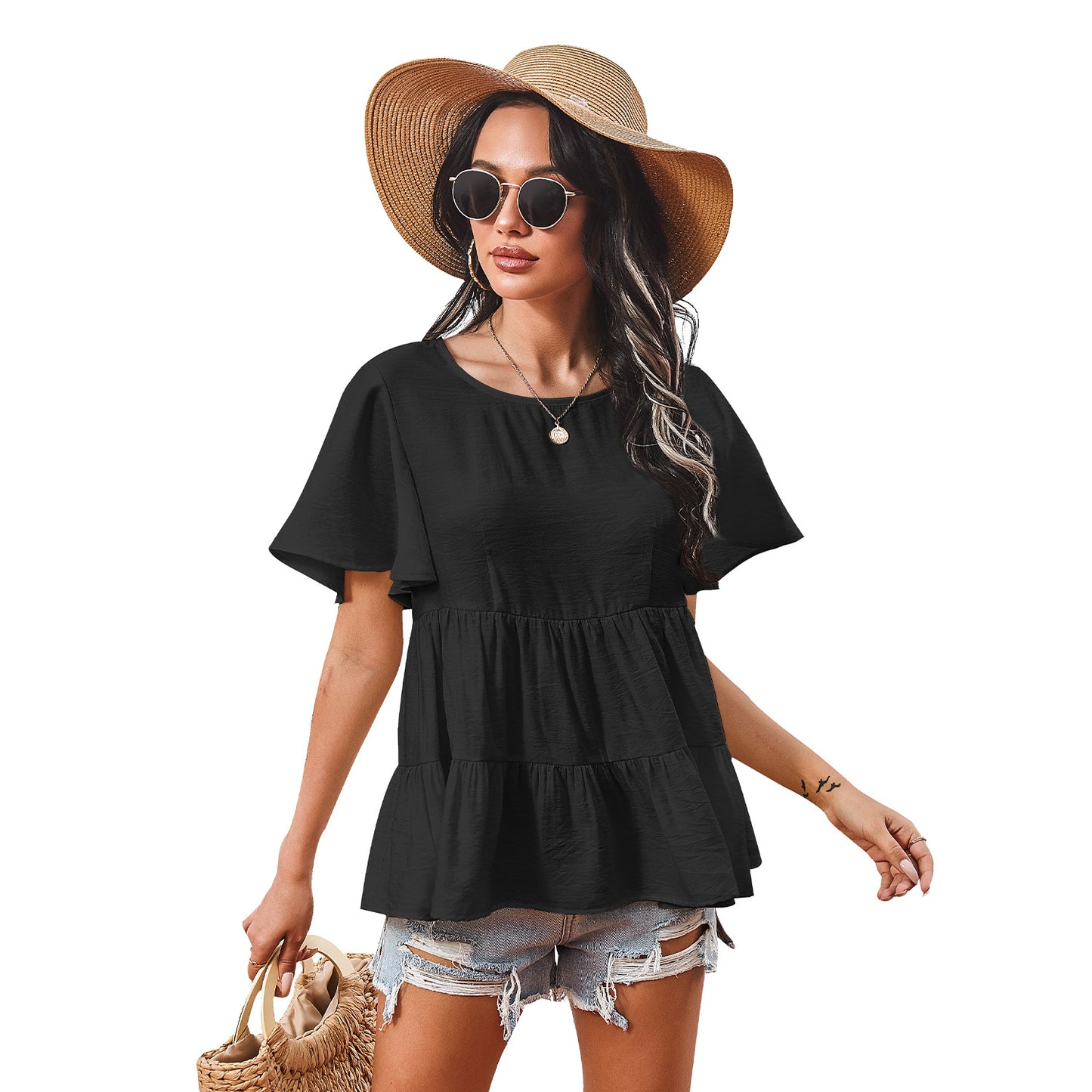 Round Neck Pleated Babydoll Blouse