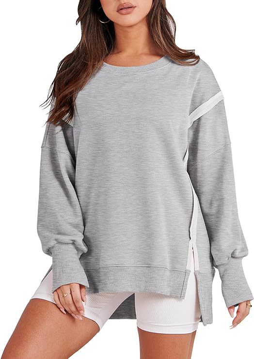 Round Neck Long Sleeve Hem Split Patchwork Sweater