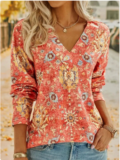 Big Size Bohemian Printed Long Sleeve T-Shirt V-Neck