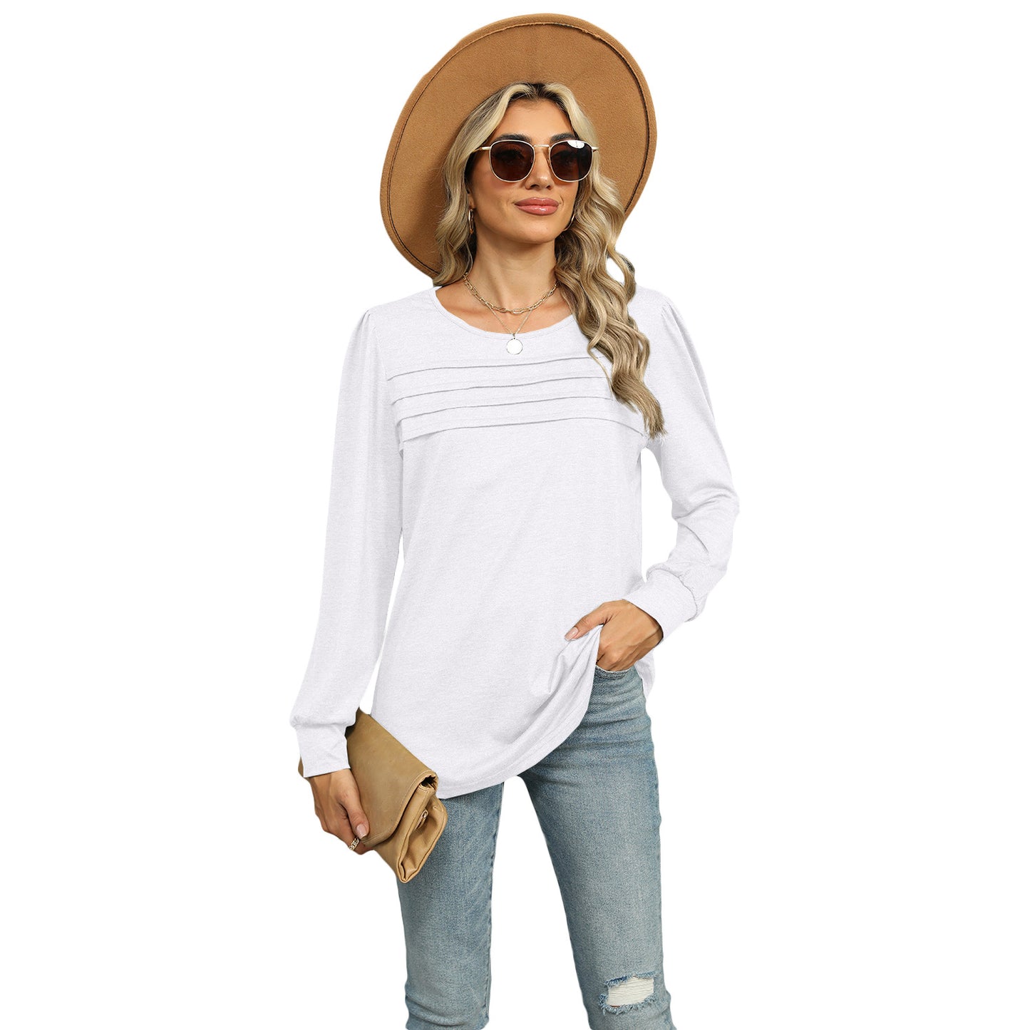 Solid Color U-neck Pleated Long-sleeved Top