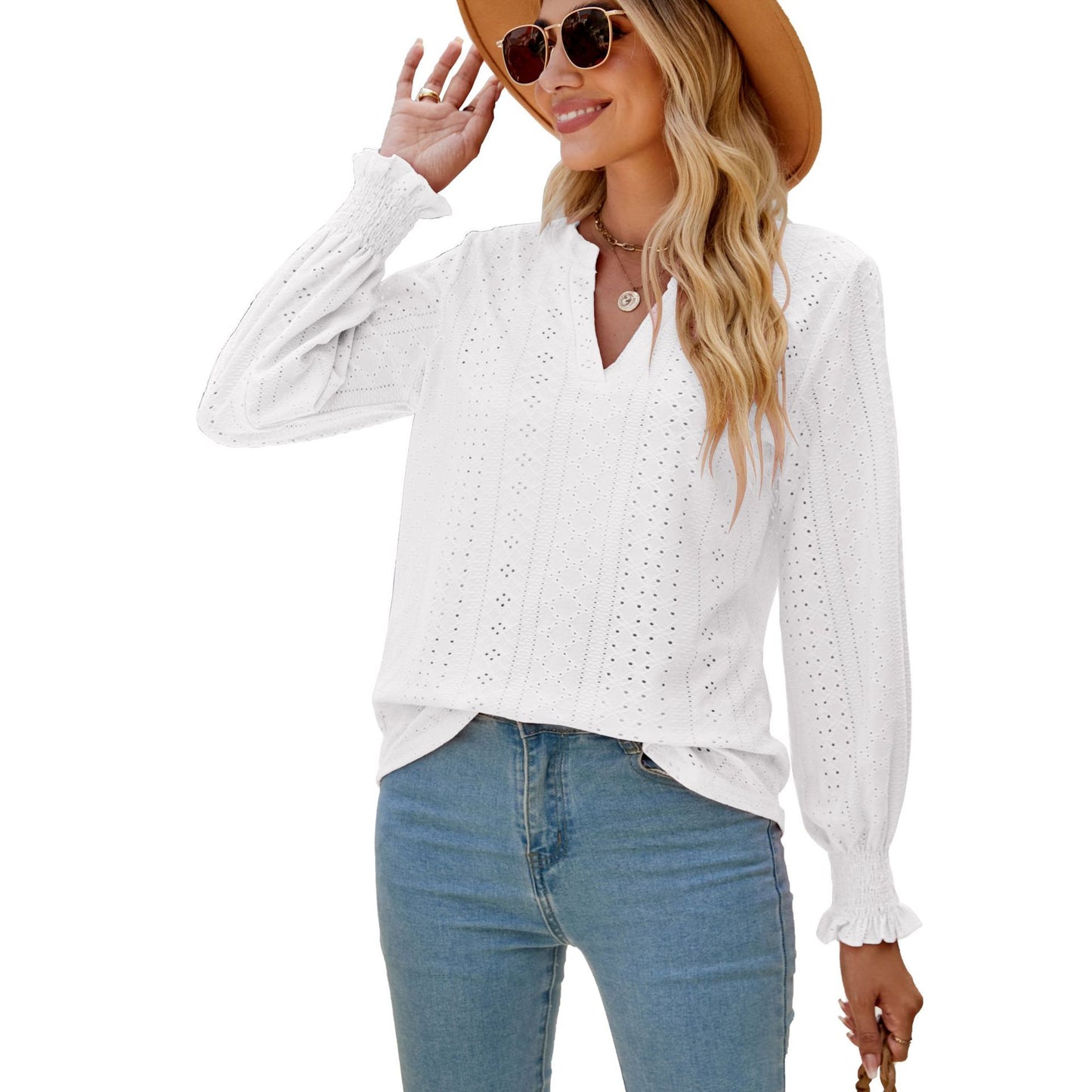 Solid Color Hollow-out Pleated Ruffle Shirts Sleeve V-neck