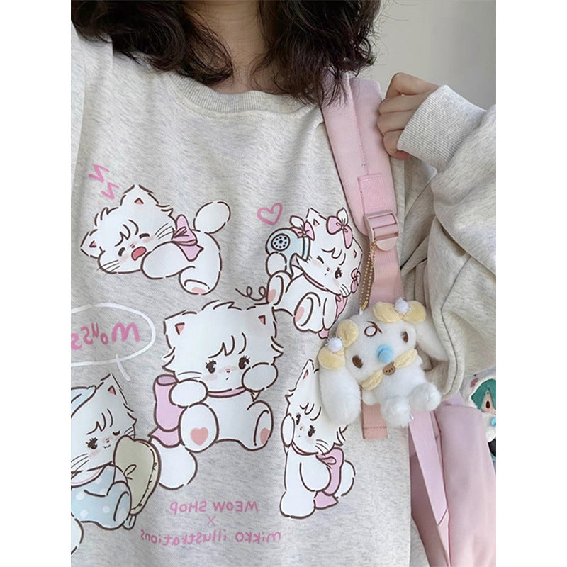 Round Neck Cute Cartoon Bottoming Shirt Fleece-lined College Style Sweet T-shirt Top