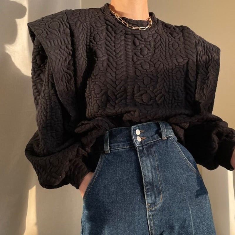 Women's New Round Neck Texture Loose Stitching Long Sleeve Sweater