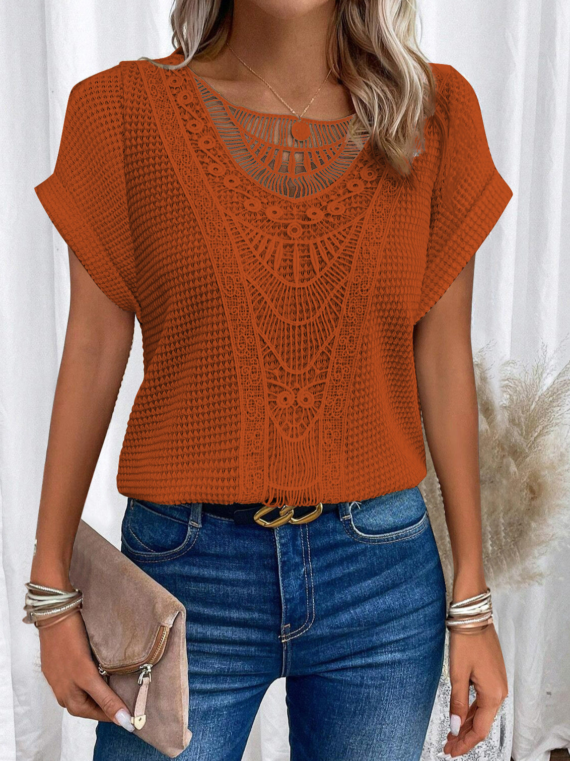 Summer Hollow Out Short-sleeved T-shirt Fashion Ethnic Style