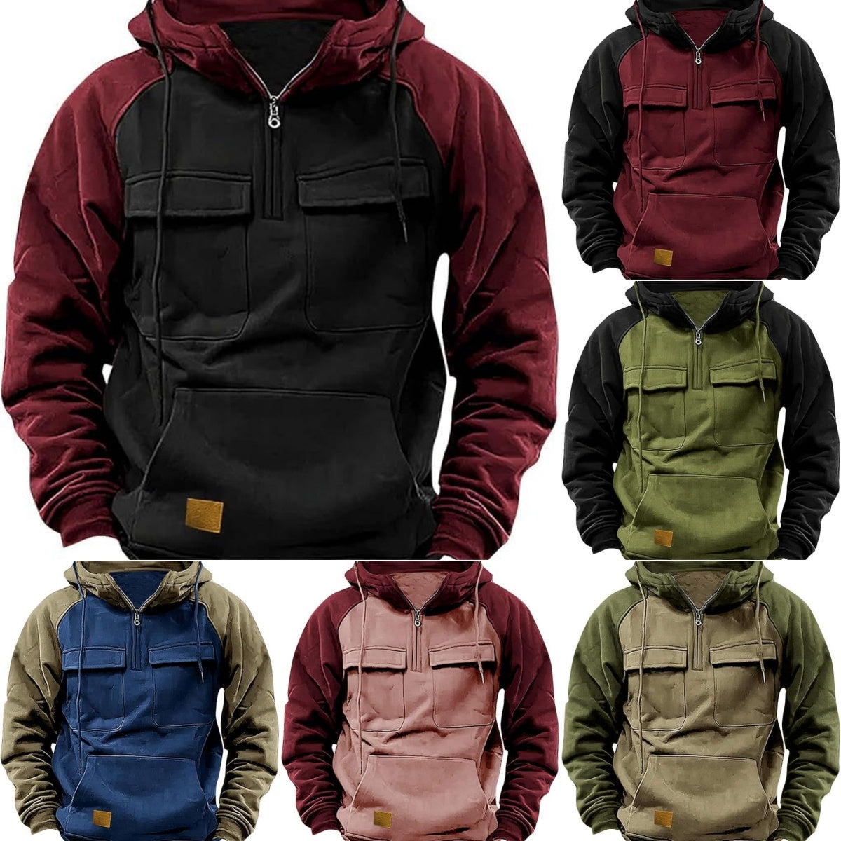 Fall Winter Retro Cargo Hoodies Men's Half Zipper Hooded