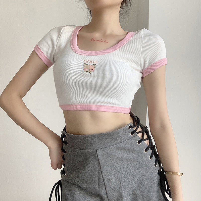 Cartoon Embroidered Trim Crop Shirt for Women