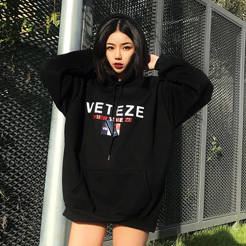 Hooded Sweater Women Long-Sleeved Harajuku Style Student Black Pullover Coat