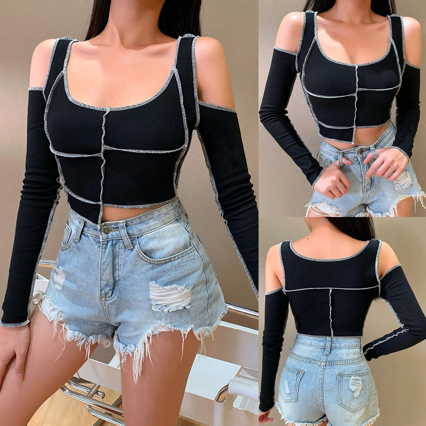 Women Long Sleeve Off Shoulder T-shirts Crop Tops