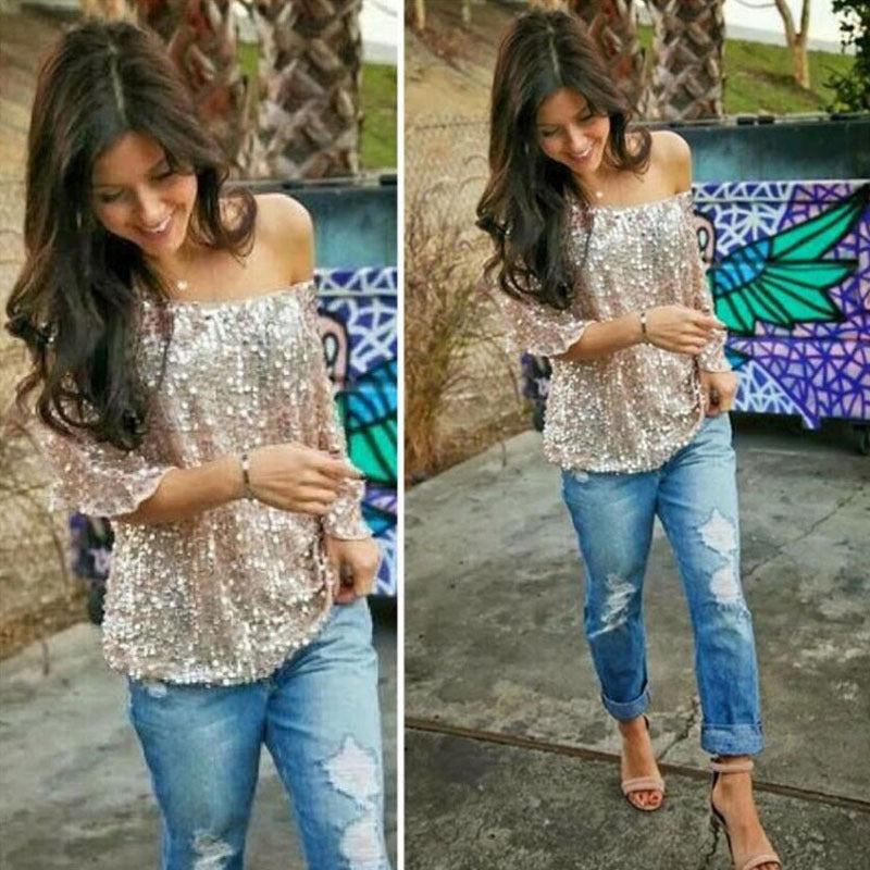 New Fashion Women Sexy Loose Off Shoulder Sequin Glitter Blouses