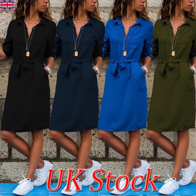 Lapel Collar Solid Color Three-Quarter Sleeve Dress