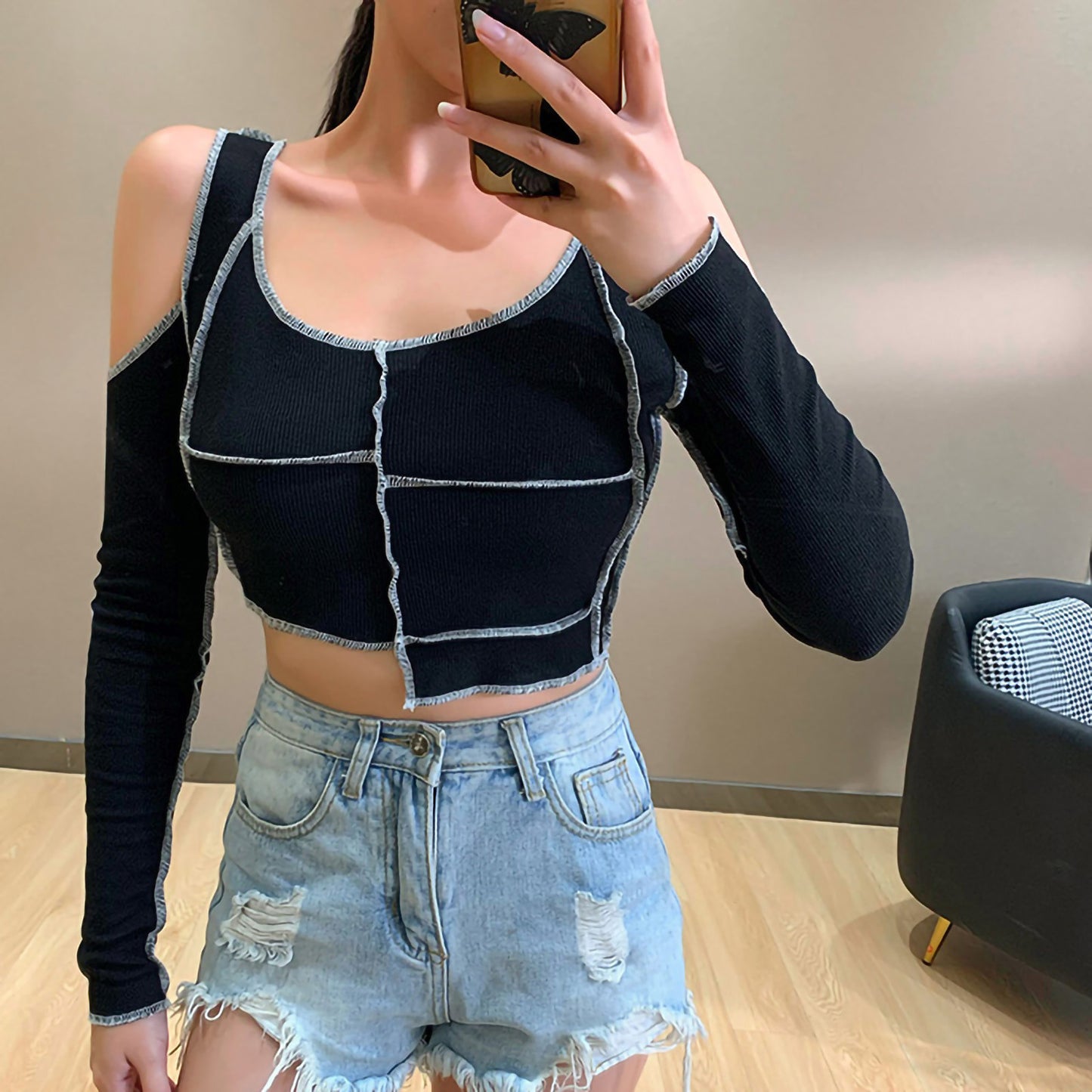 Women Long Sleeve Off Shoulder T-shirts Crop Tops