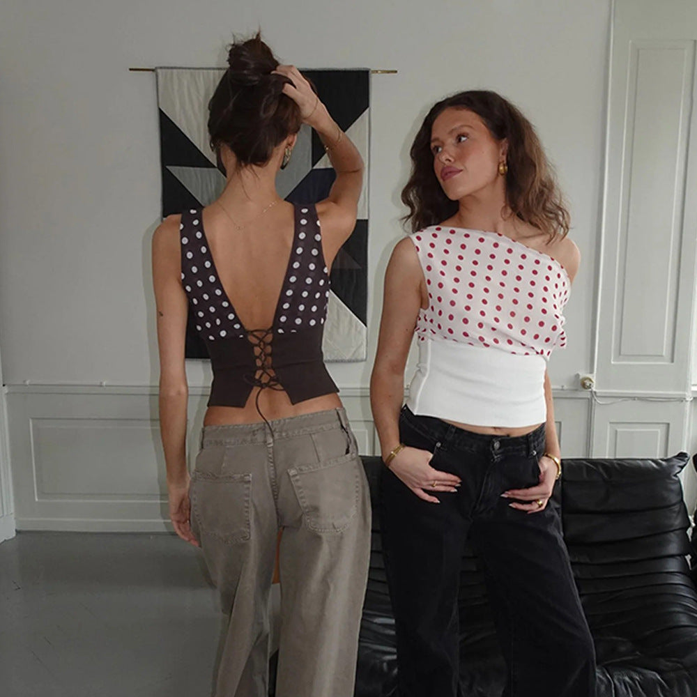 Polka Dots Print Oblique Shoulder Tops