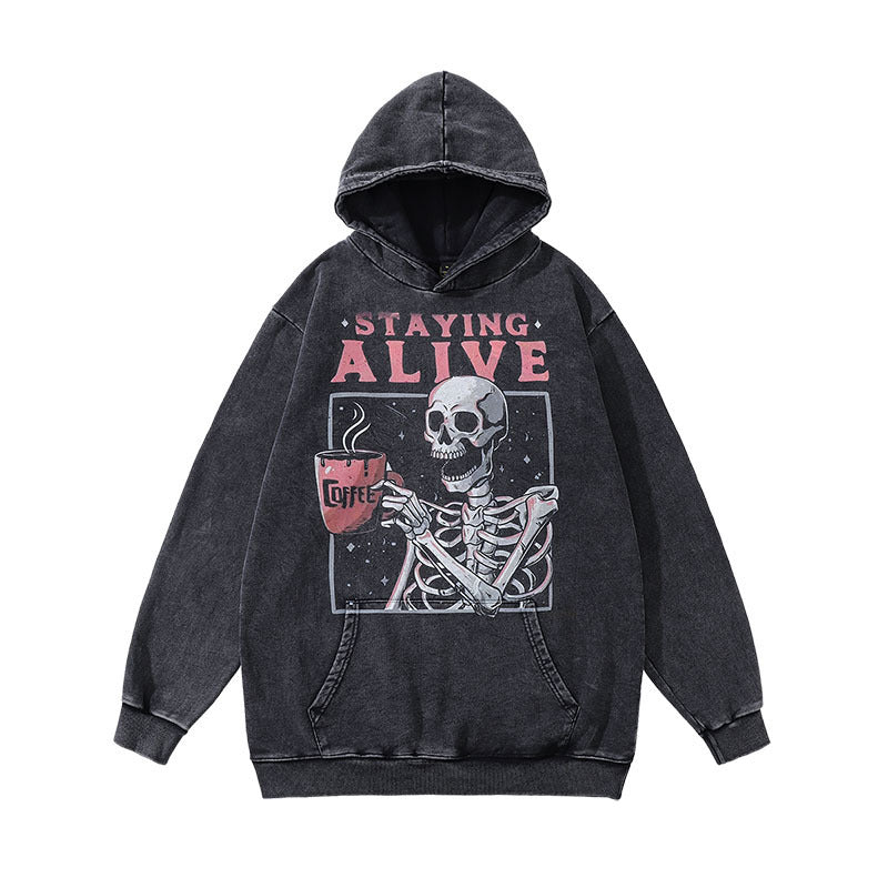 Punk Skull Print Heavy Distressed Hooded Sweater For Men