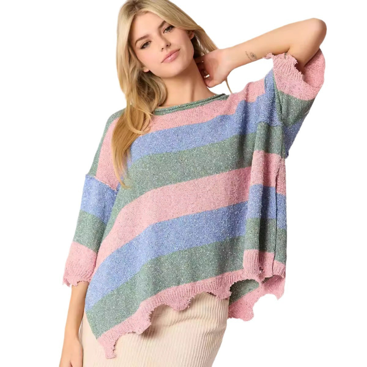 Women's Multi-color Stripe Contrast Color Short-sleeved