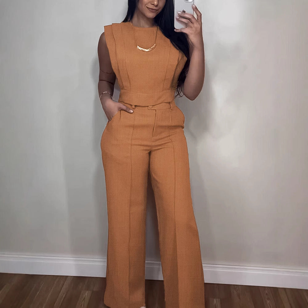 Summer Sleeveless Suit Fashion Round Neck Vest Top And Pocket