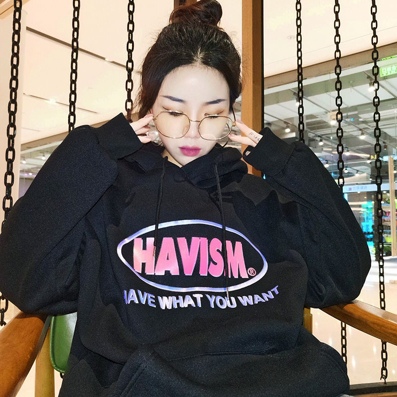 Hooded Sweater Women Long-Sleeved Harajuku Style Student Black Pullover Coat