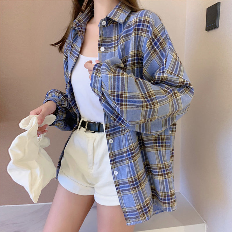 Plaid jacket women long sleeve shirt