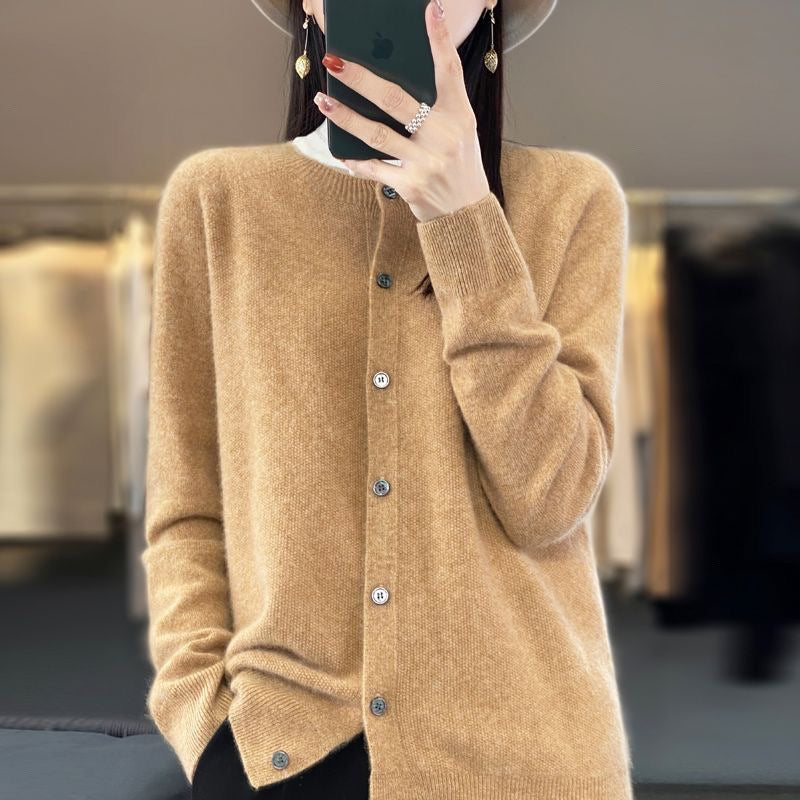 Fashion Merino Wool Cardigan Sweater Women O-Neck
