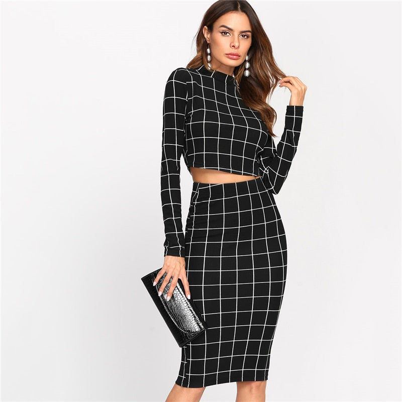 Stand Collar Long Sleeve 2 Piece Set Women Crop Grid Top