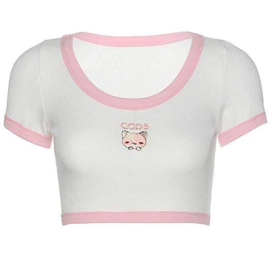 Cartoon Embroidered Trim Crop Shirt for Women