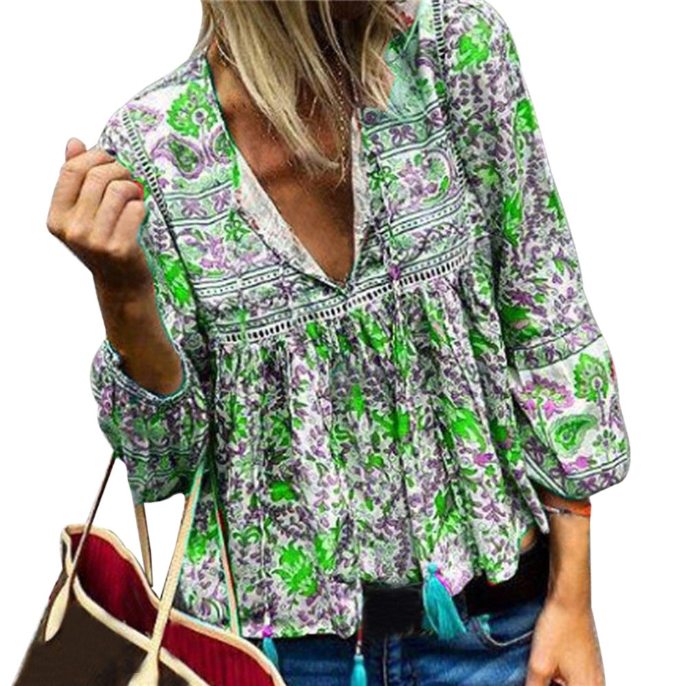 Long-sleeved V-neck loose blouse