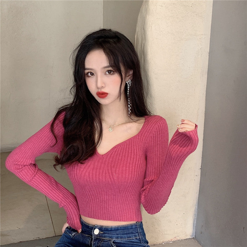 Knitted Bottoming Shirt All-Match Slimming Short Crop Top Women